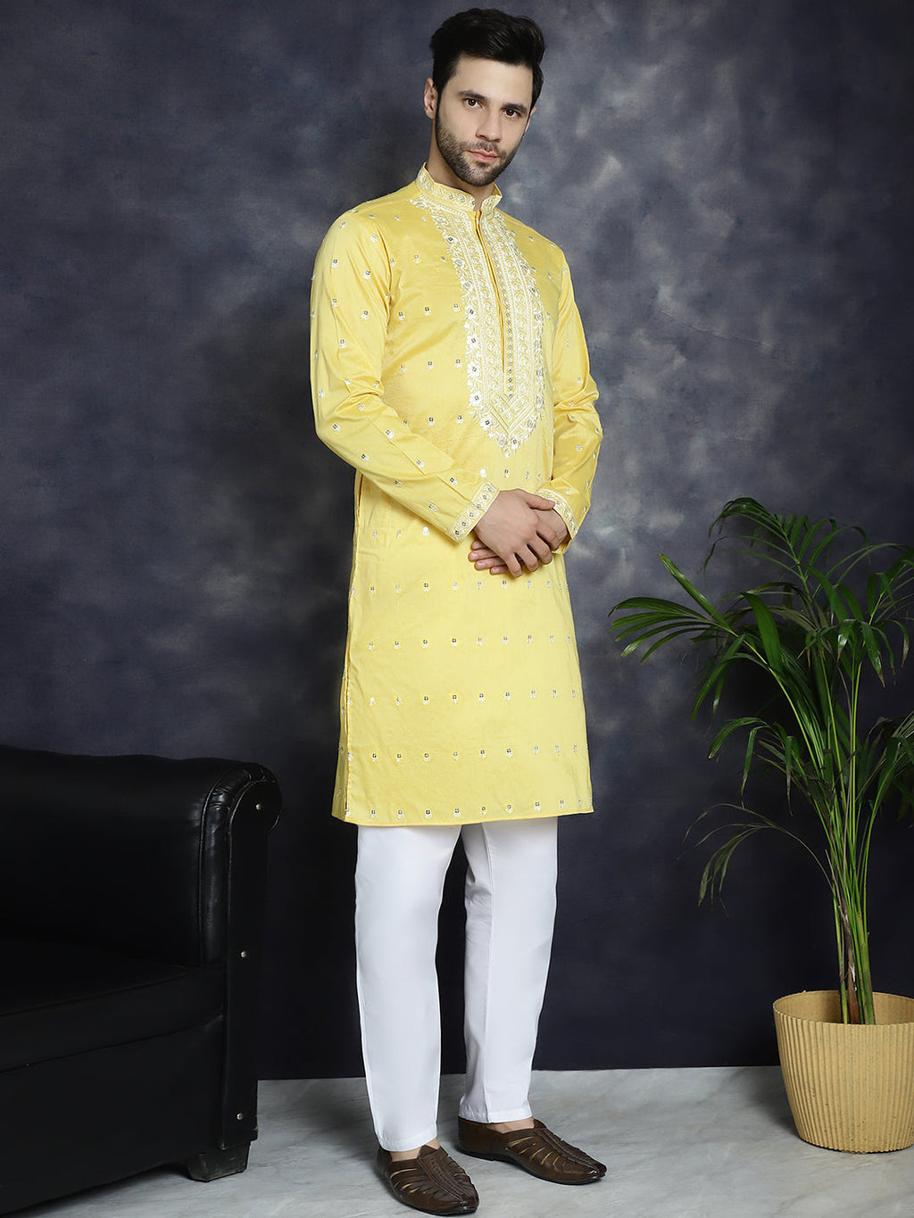 Jompers Men's Chikankari Embroidered Kurta - Yellow