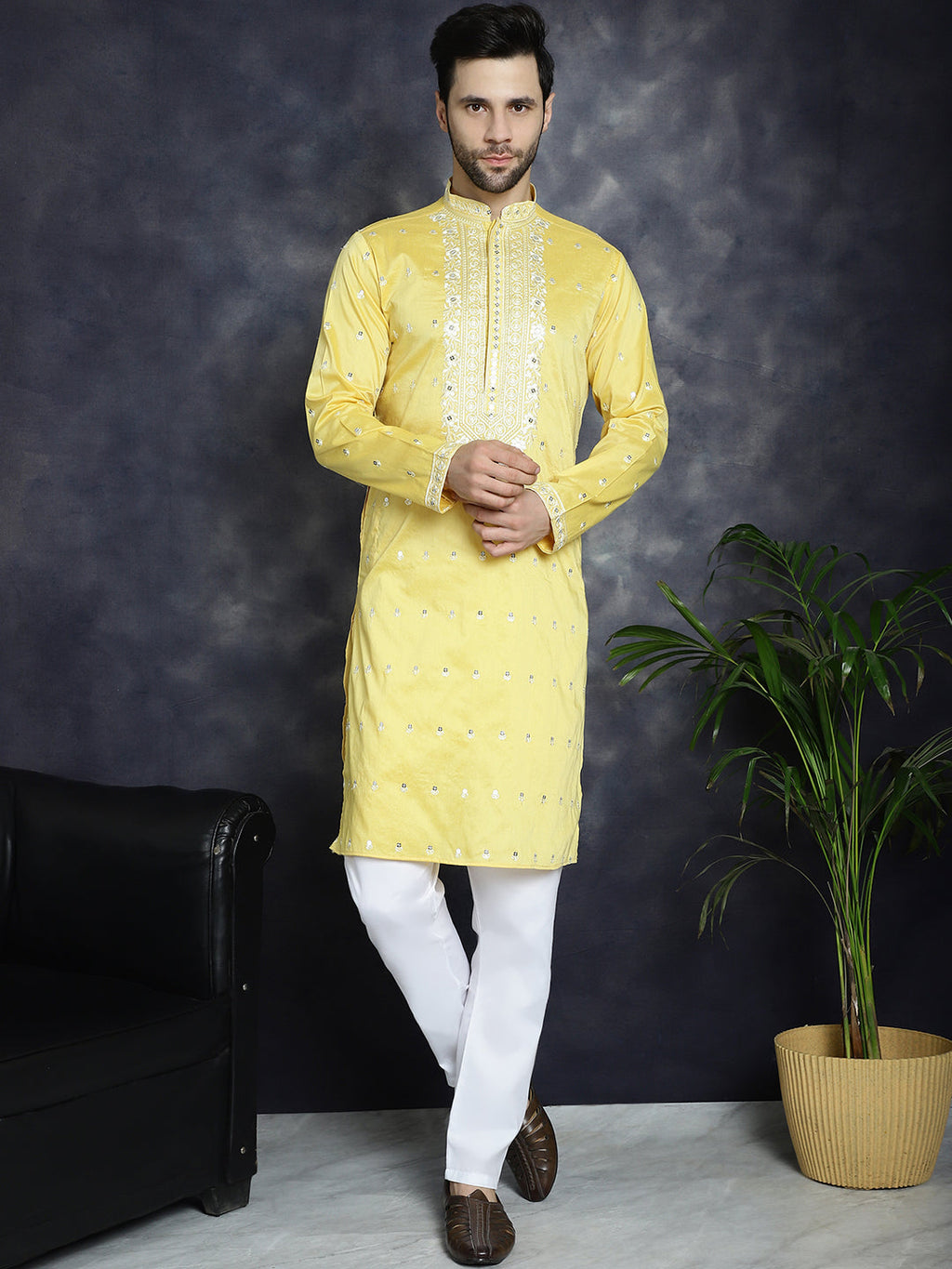 Jompers Men's Chikankari Embroidered Kurta - Yellow