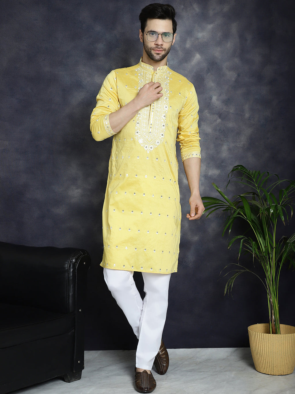 Jompers Men's Chikankari Embroidered Kurta - Yellow