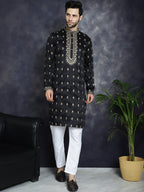 Jompers Men's Black Chikankari Embroidered Kurta - Black