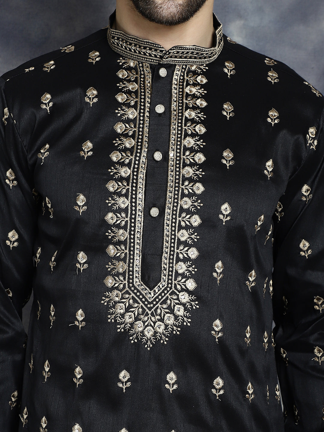 Jompers Men's Black Chikankari Embroidered Kurta - Black