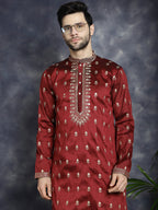 Jompers Men's Maroon Chikankari Embroidered Kurta - Maroon