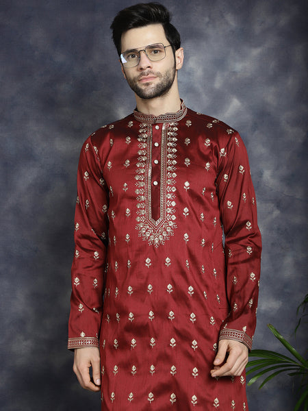 Jompers Men's Maroon Chikankari Embroidered Kurta - Maroon