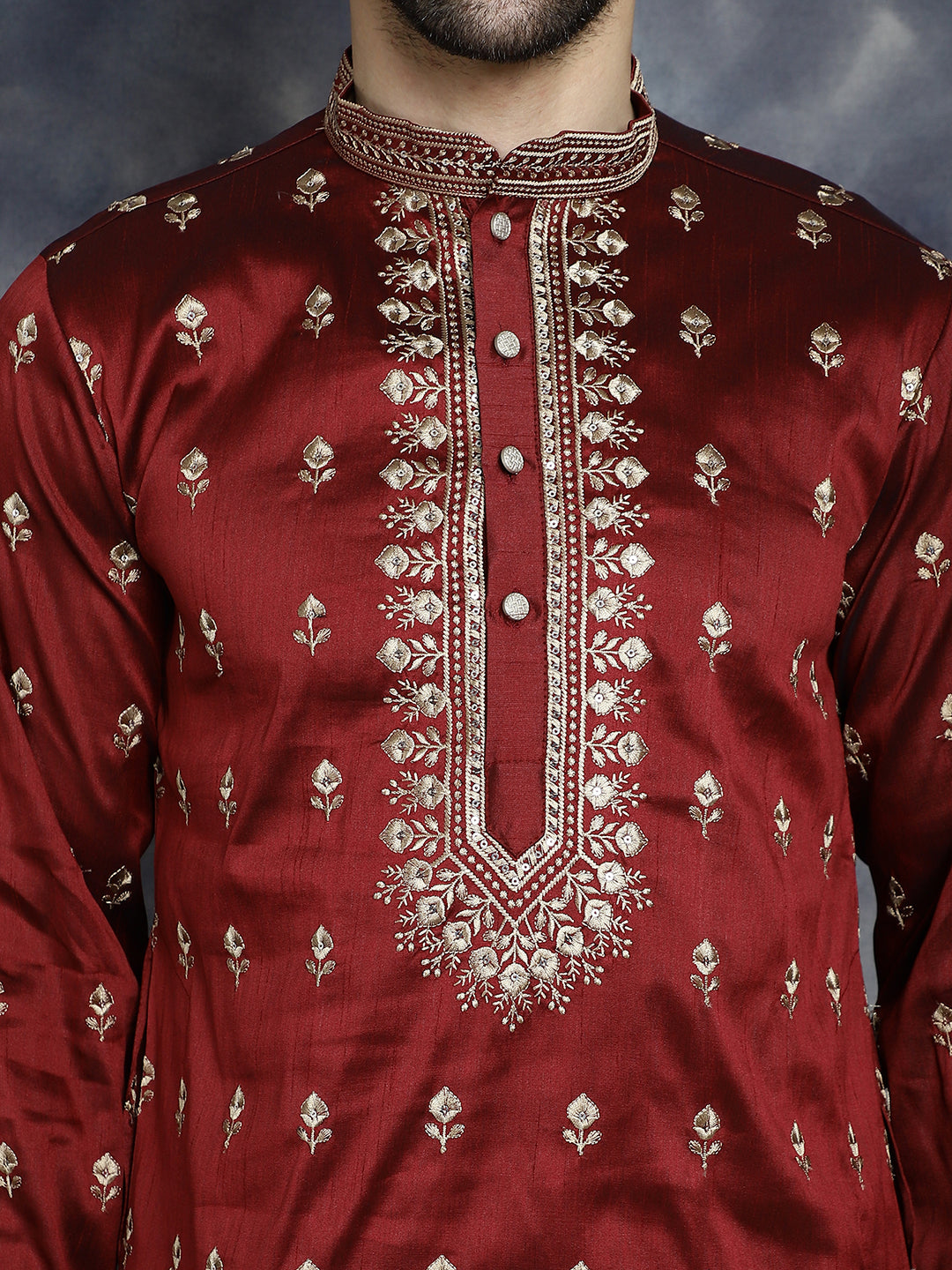 Jompers Men's Maroon Chikankari Embroidered Kurta - Maroon