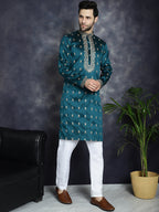 Jompers Men's Peacock Blue Chikankari Embroidered Kurta - Peacock