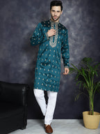 Jompers Men's Peacock Blue Chikankari Embroidered Kurta - Peacock