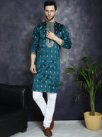 Jompers Men's Peacock Blue Chikankari Embroidered Kurta - Peacock
