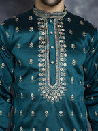 Jompers Men's Peacock Blue Chikankari Embroidered Kurta - Peacock