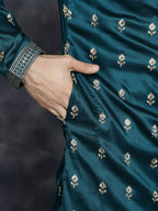 Jompers Men's Peacock Blue Chikankari Embroidered Kurta - Peacock