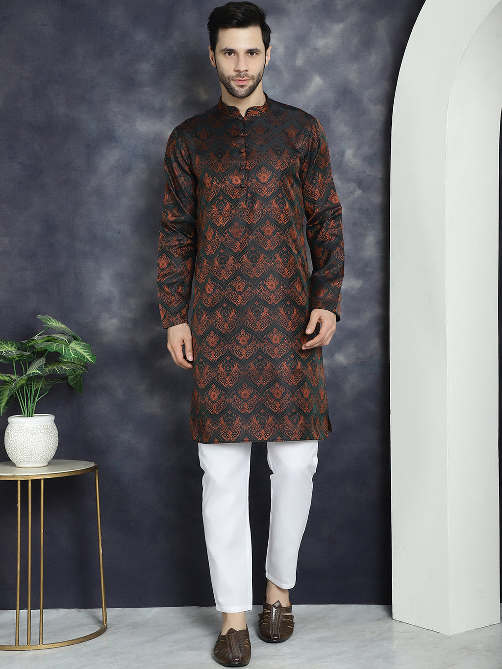 Jompers Men's Bronze Silk Blend Straight Kurta - Bronze