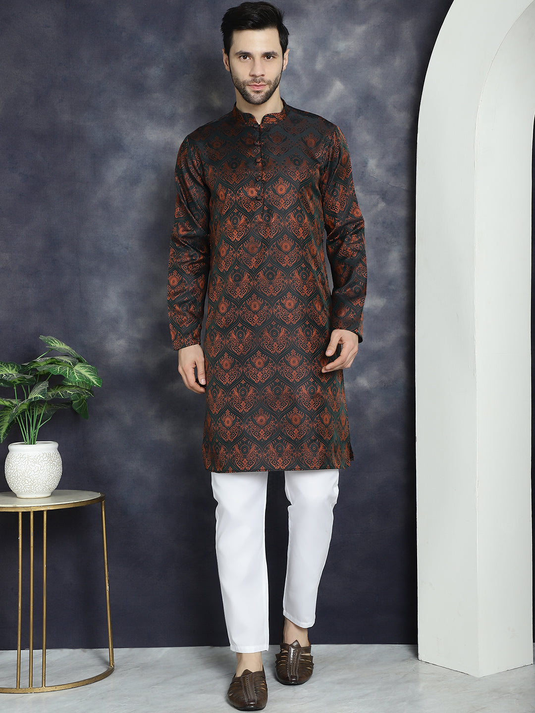 Jompers Men's Bronze Silk Blend Straight Kurta - Bronze