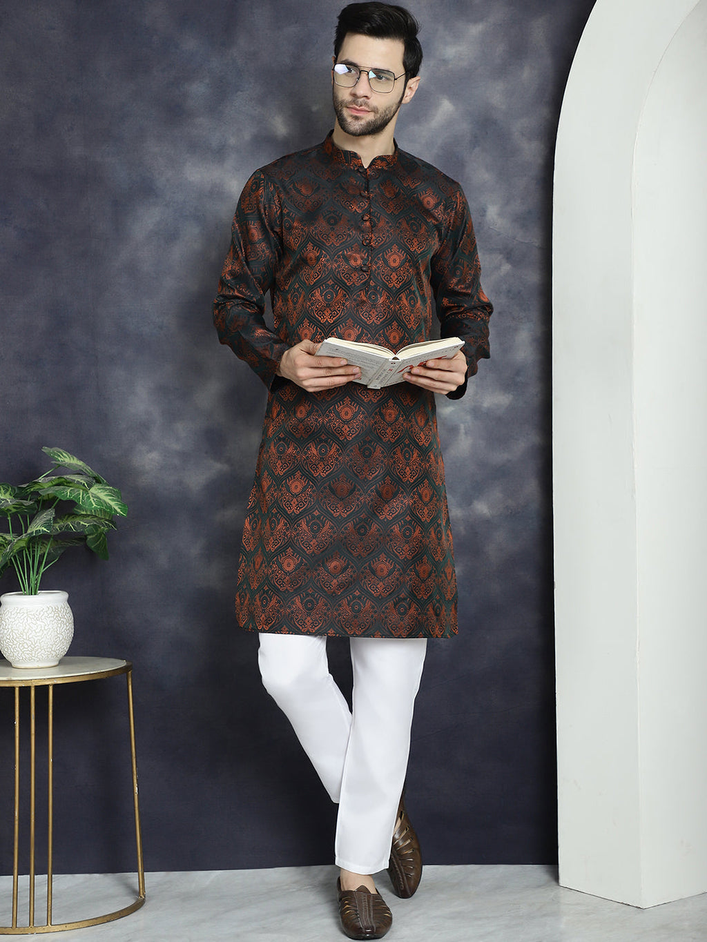 Jompers Men's Bronze Silk Blend Straight Kurta - Bronze