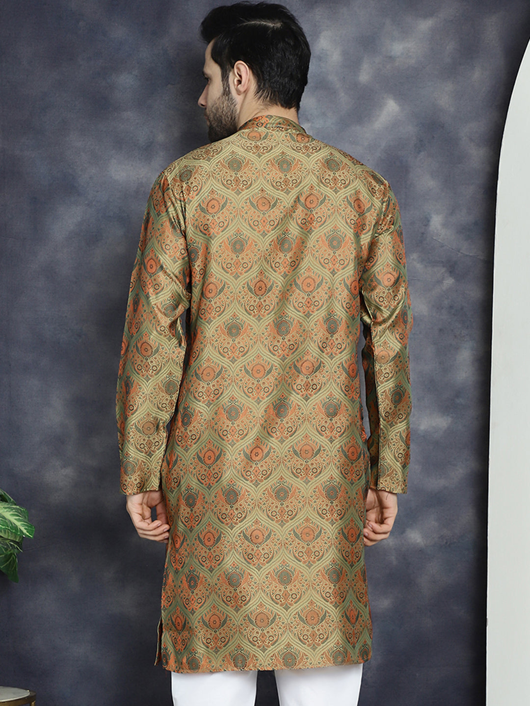 Jompers Men's Golden Silk Blend Straight Kurta - Golden