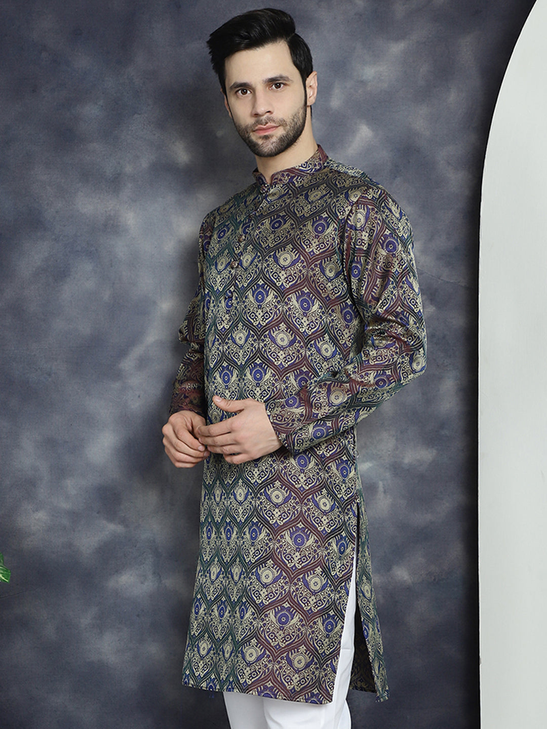 Jompers Men's Purple Silk Blend Straight Kurta - Purple