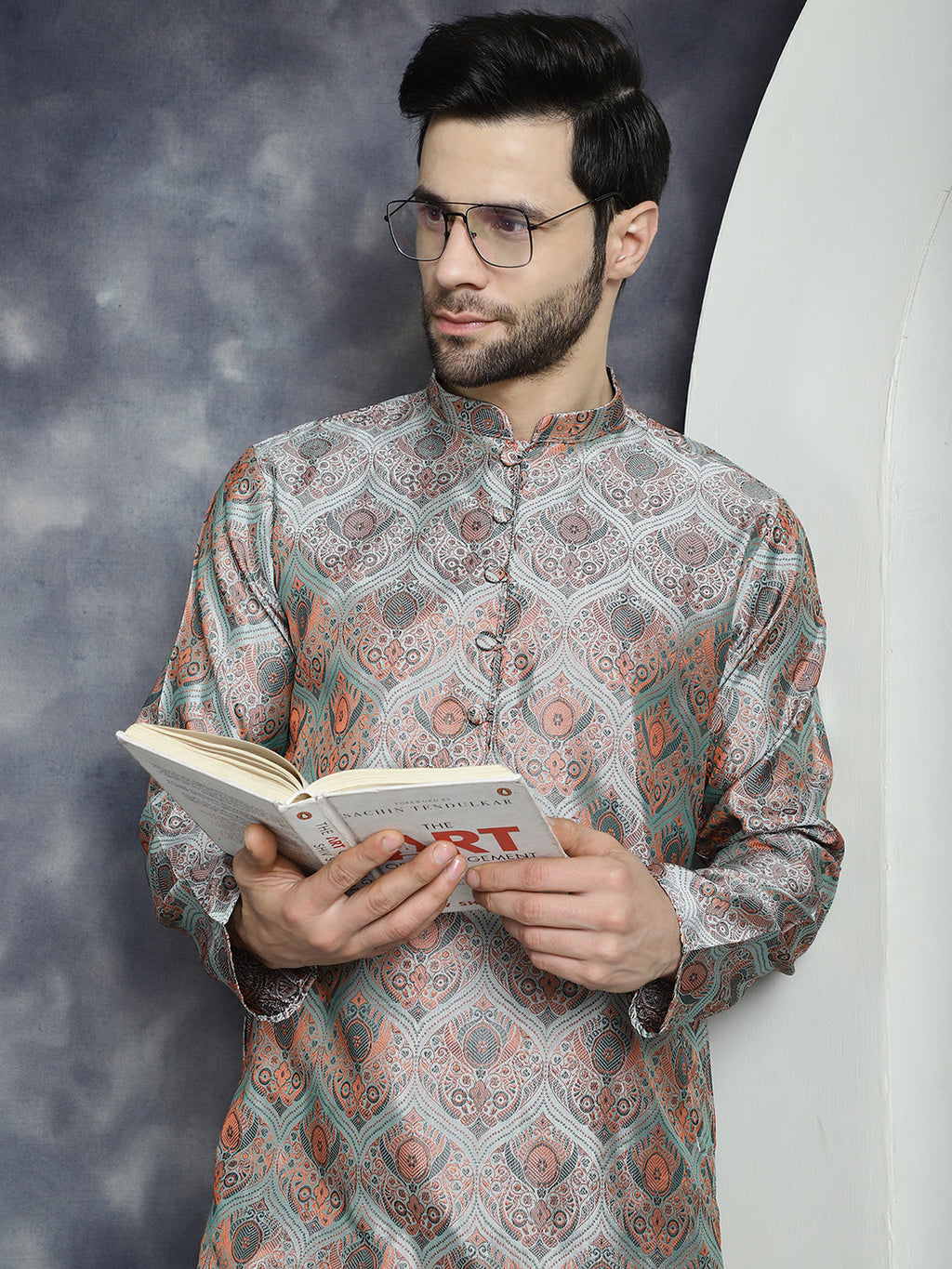 Jompers Men's Silver Silk Blend Straight Kurta - Silver