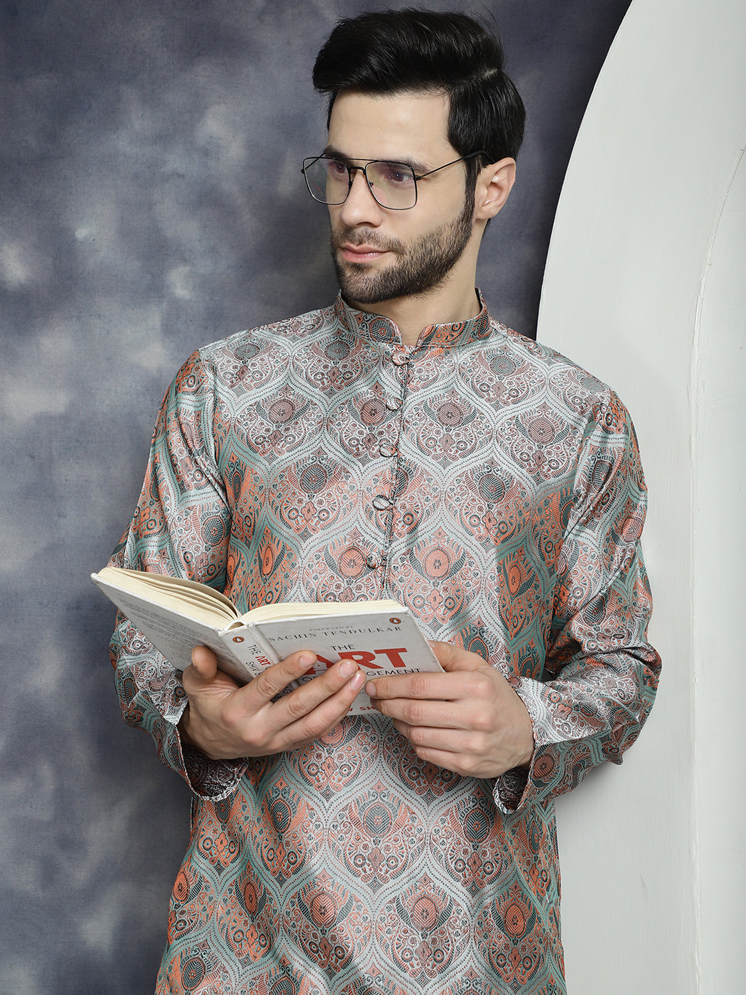 Jompers Men's Silver Silk Blend Straight Kurta - Silver