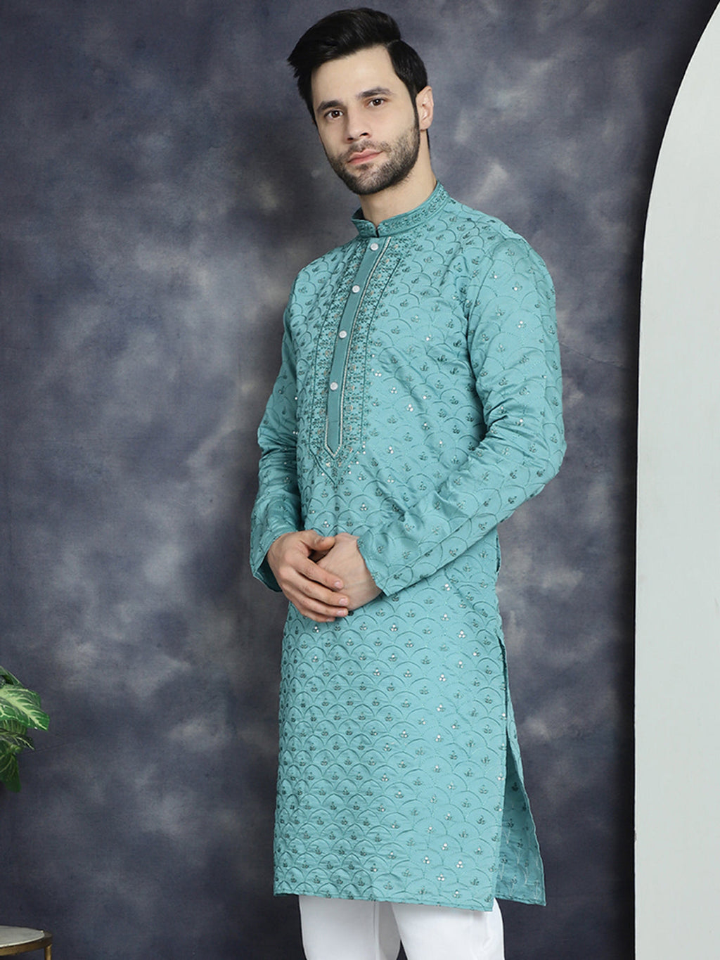 Jompers Men's Sequins Embroidered Kurta - Blue