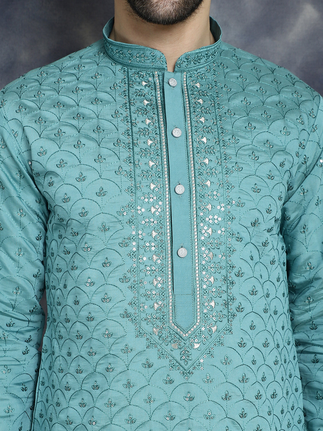 Jompers Men's Sequins Embroidered Kurta - Blue