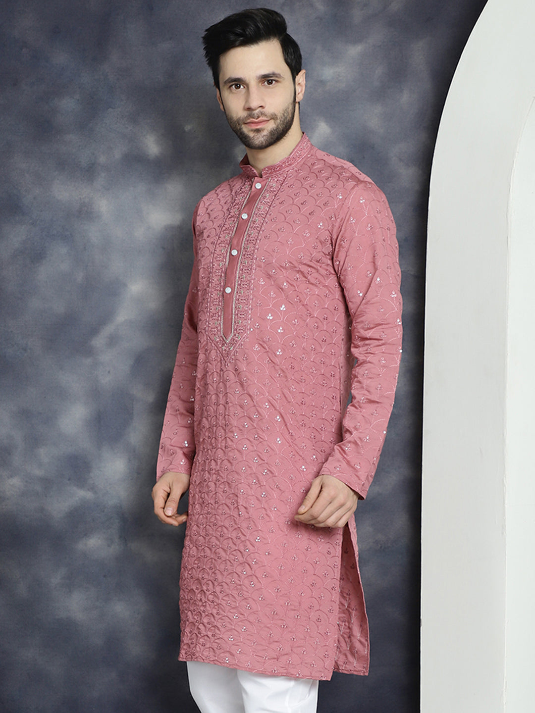 Jompers Men's Sequins Embroidered Kurta - Coral