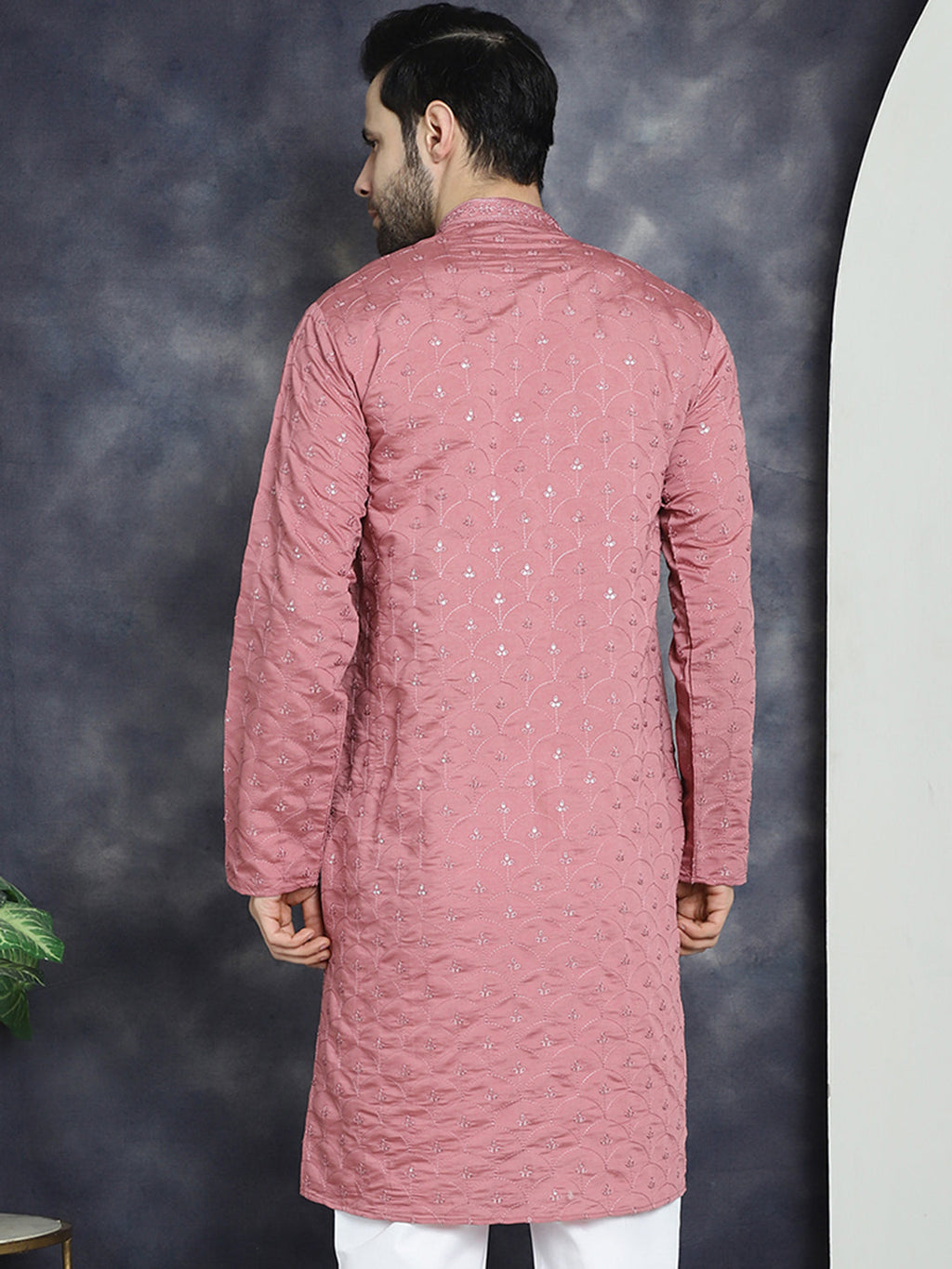 Jompers Men's Sequins Embroidered Kurta - Coral