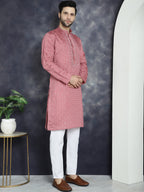 Jompers Men's Sequins Embroidered Kurta - Coral