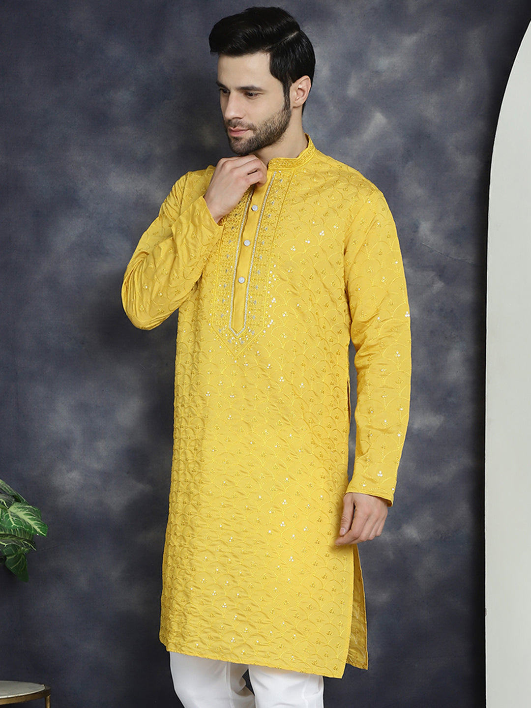Jompers Men's Sequins Embroidered Kurta - Mustard