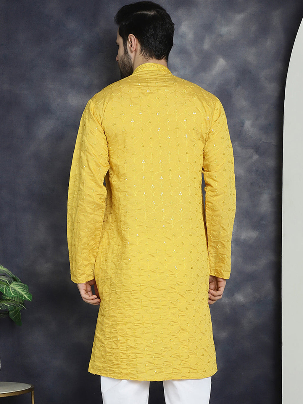 Jompers Men's Sequins Embroidered Kurta - Mustard