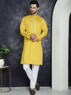 Jompers Men's Sequins Embroidered Kurta - Mustard