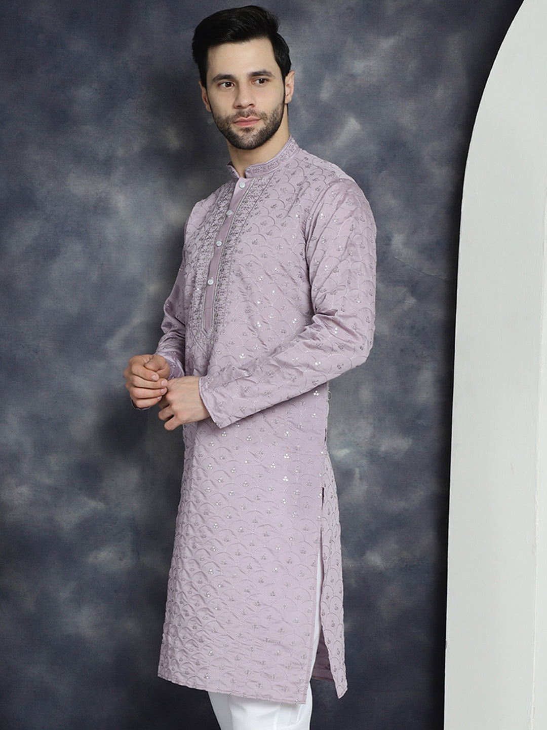 Jompers Men's Sequins Embroidered Kurta - Purple