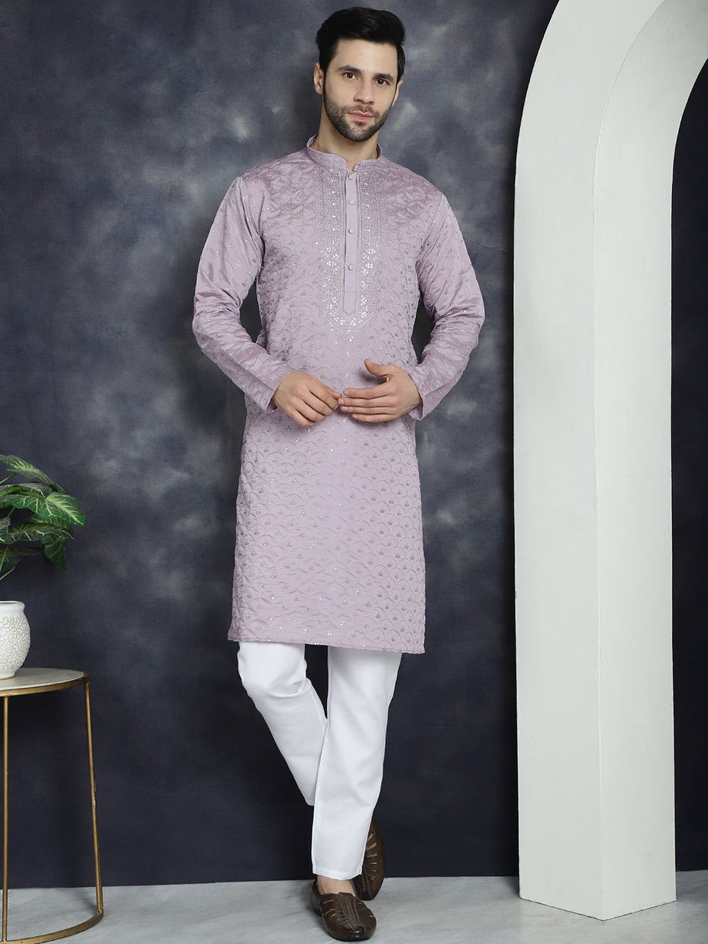 Jompers Men's Sequins Embroidered Kurta - Purple