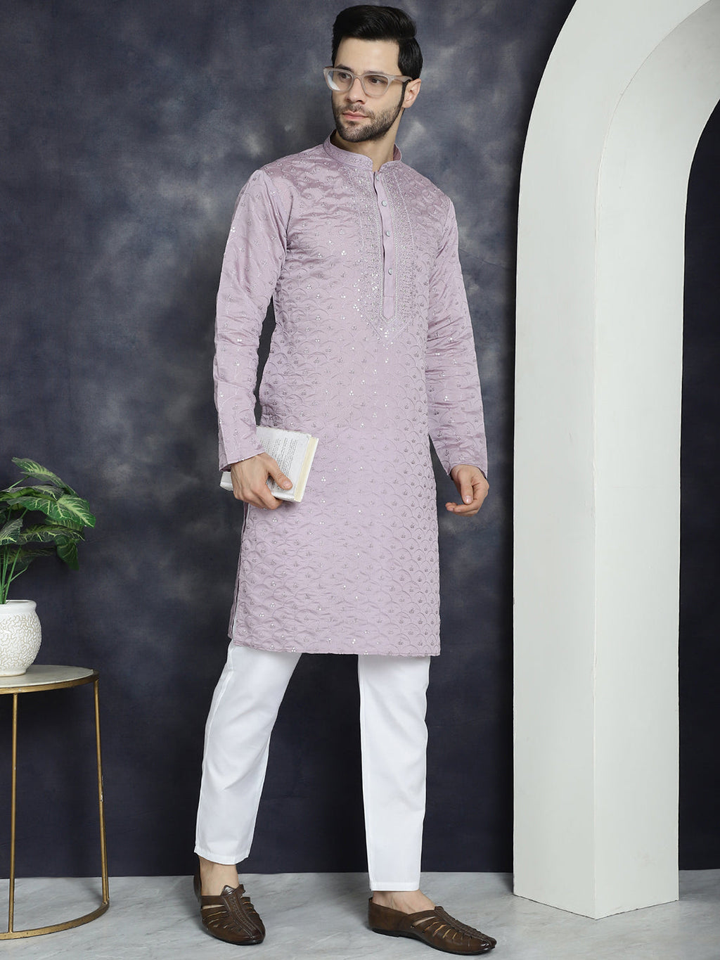 Jompers Men's Sequins Embroidered Kurta - Purple