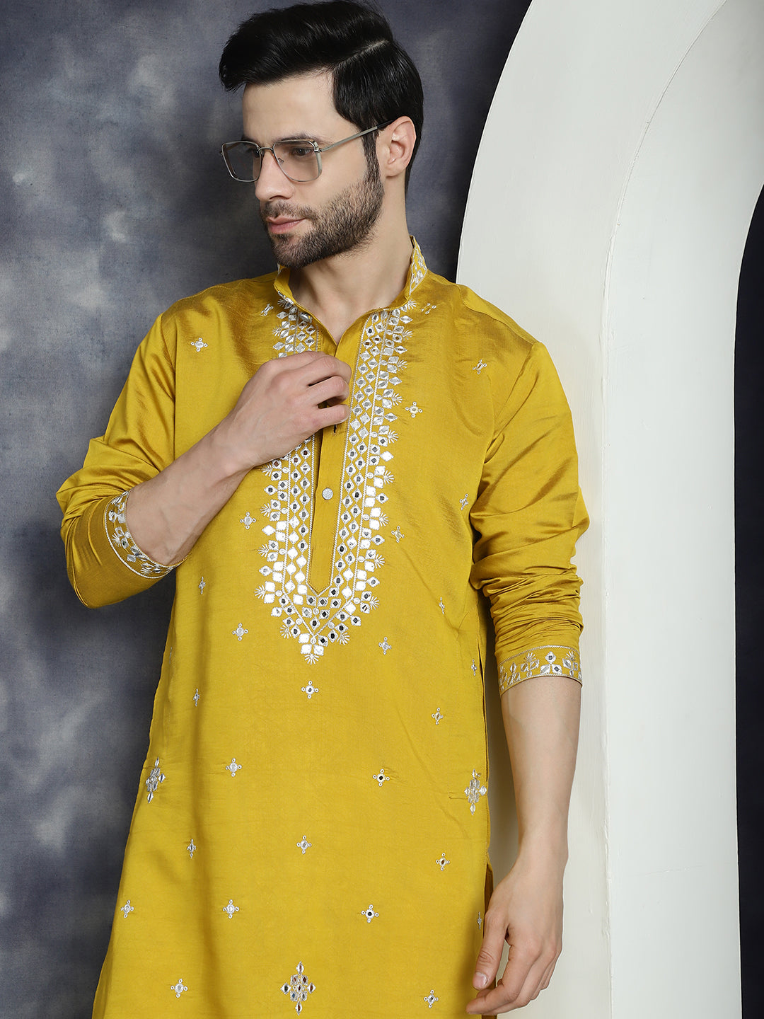 Jompers Men's Embroidered Kurta - Mustard