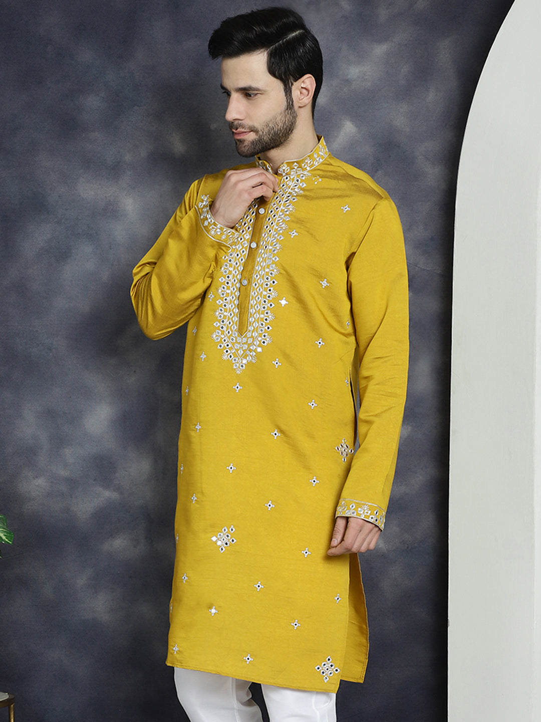 Jompers Men's Embroidered Kurta - Mustard