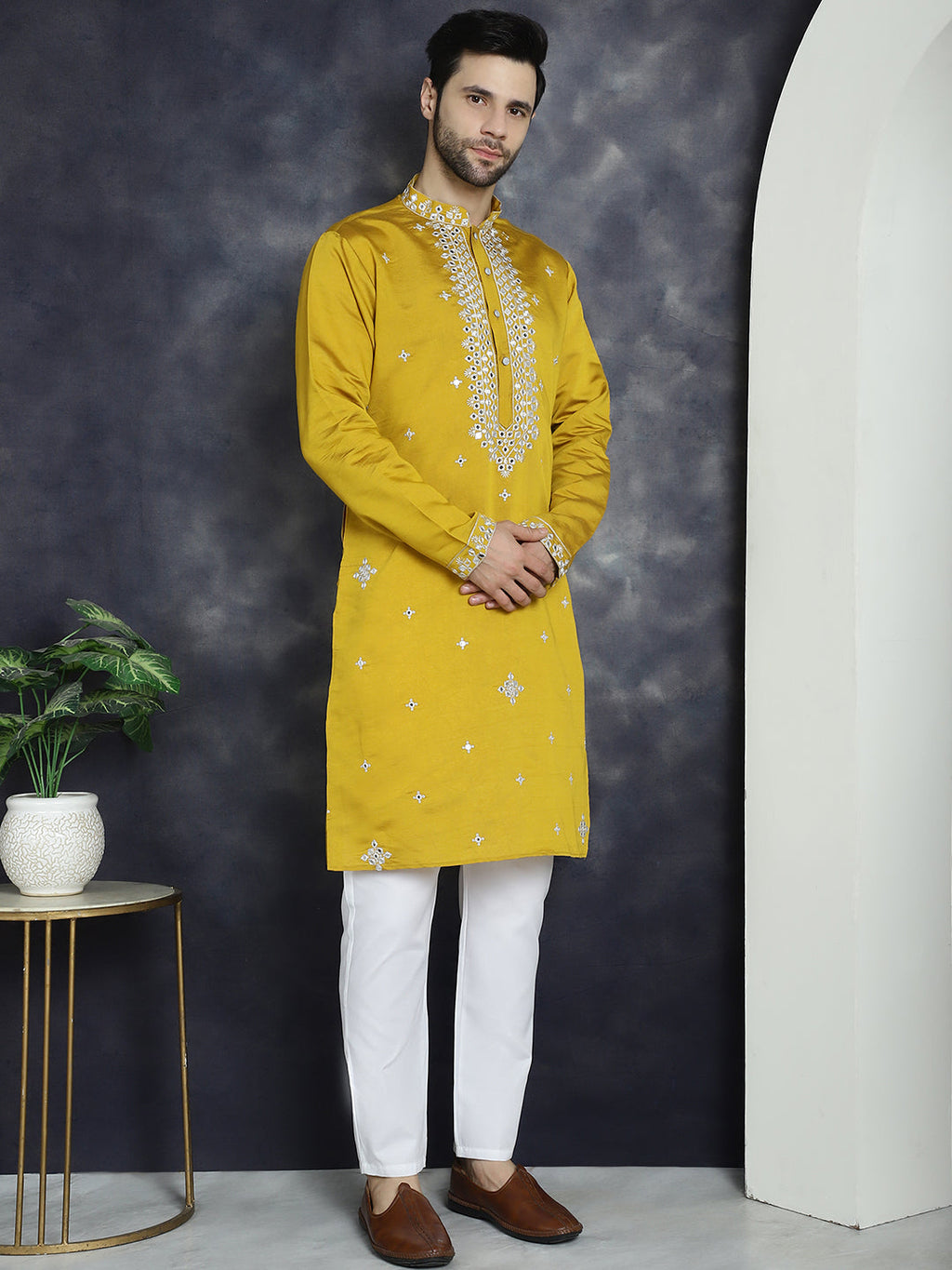 Jompers Men's Embroidered Kurta - Mustard