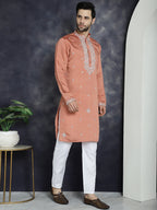 Jompers Men's Embroidered Kurta - Peach