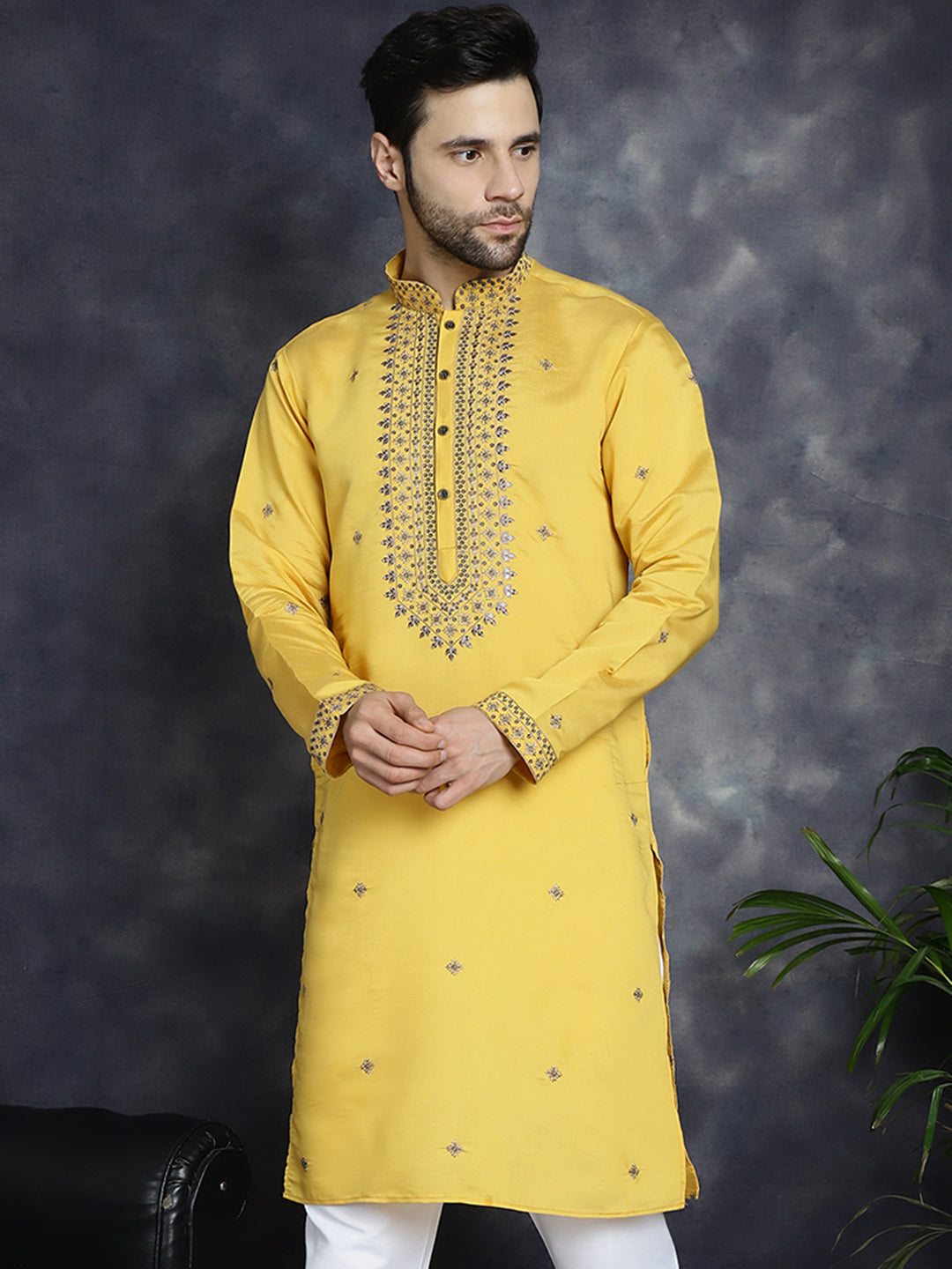 Jompers Men's Sequins Embroidered Kurta - Yellow