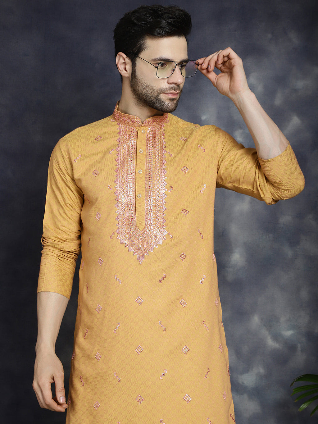 Jompers Men's Sequins Embroidered Kurta - Orange