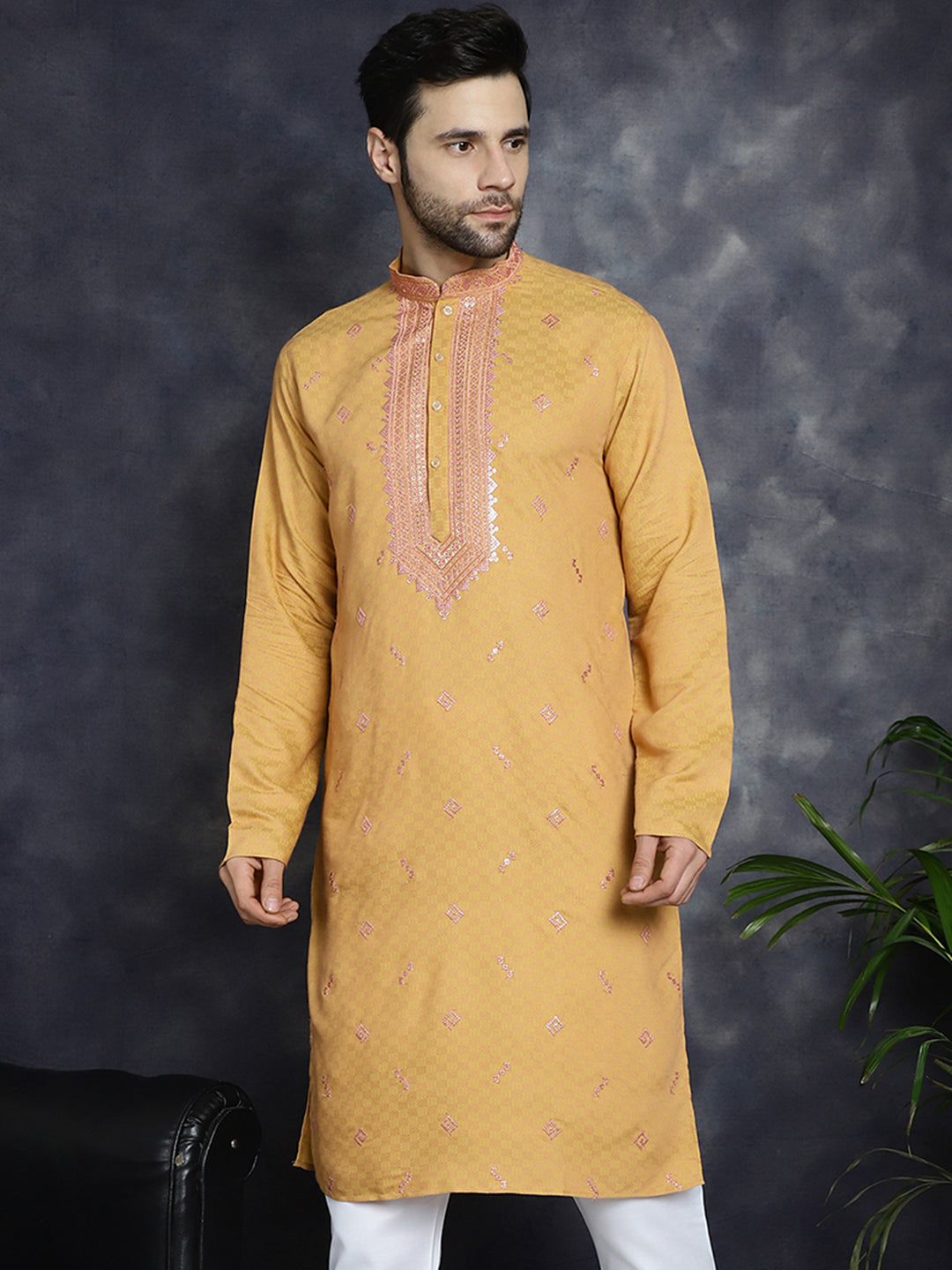 Jompers Men's Sequins Embroidered Kurta - Orange