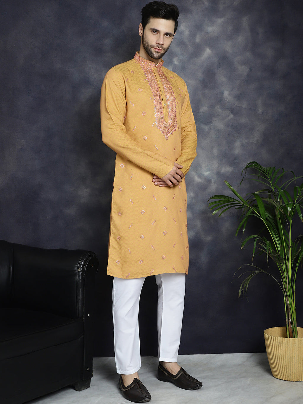 Jompers Men's Sequins Embroidered Kurta - Orange