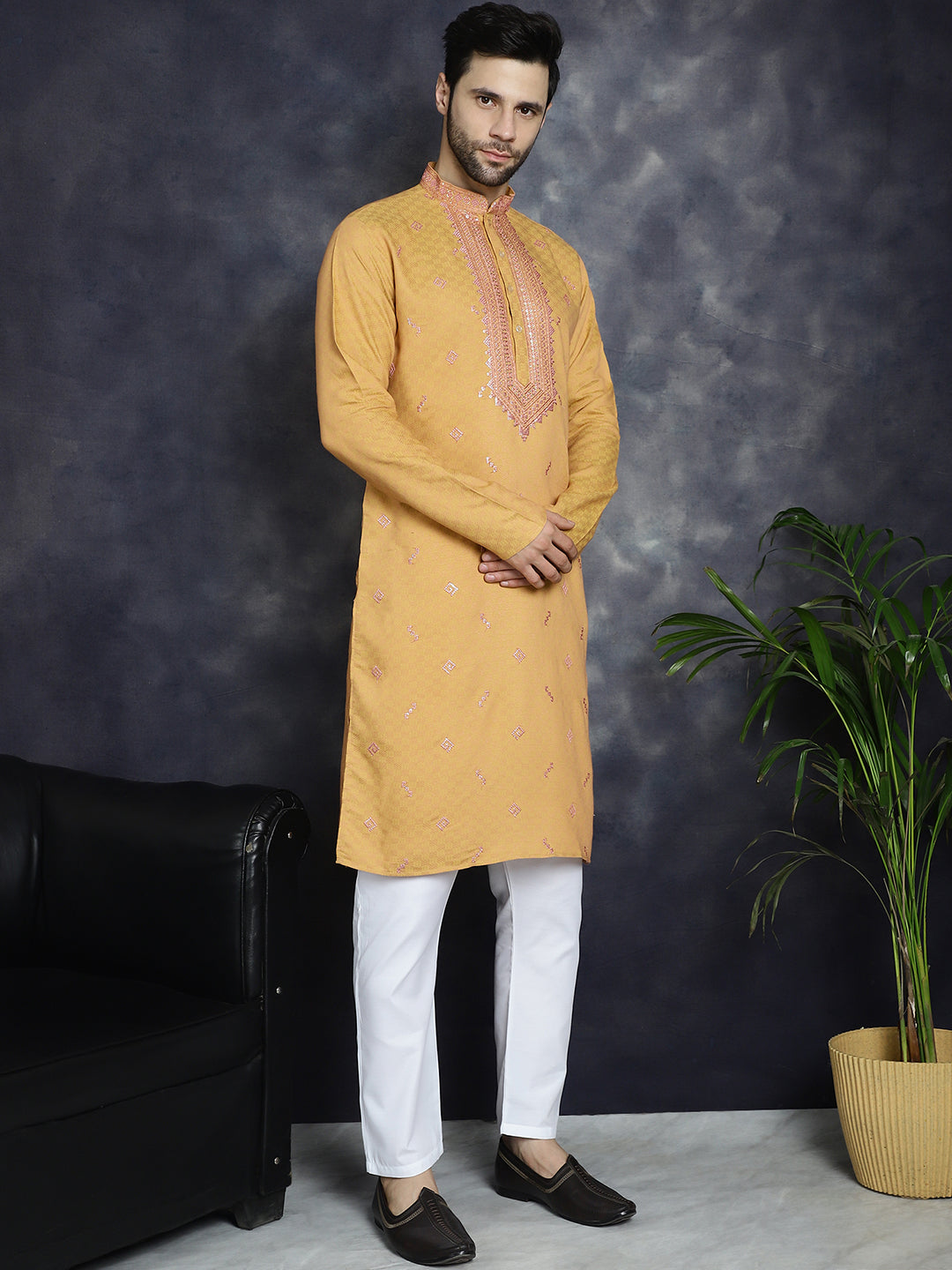 Jompers Men's Sequins Embroidered Kurta - Orange