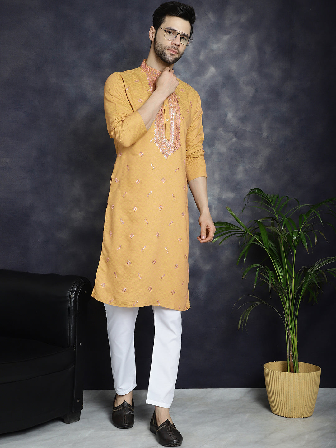 Jompers Men's Sequins Embroidered Kurta - Orange
