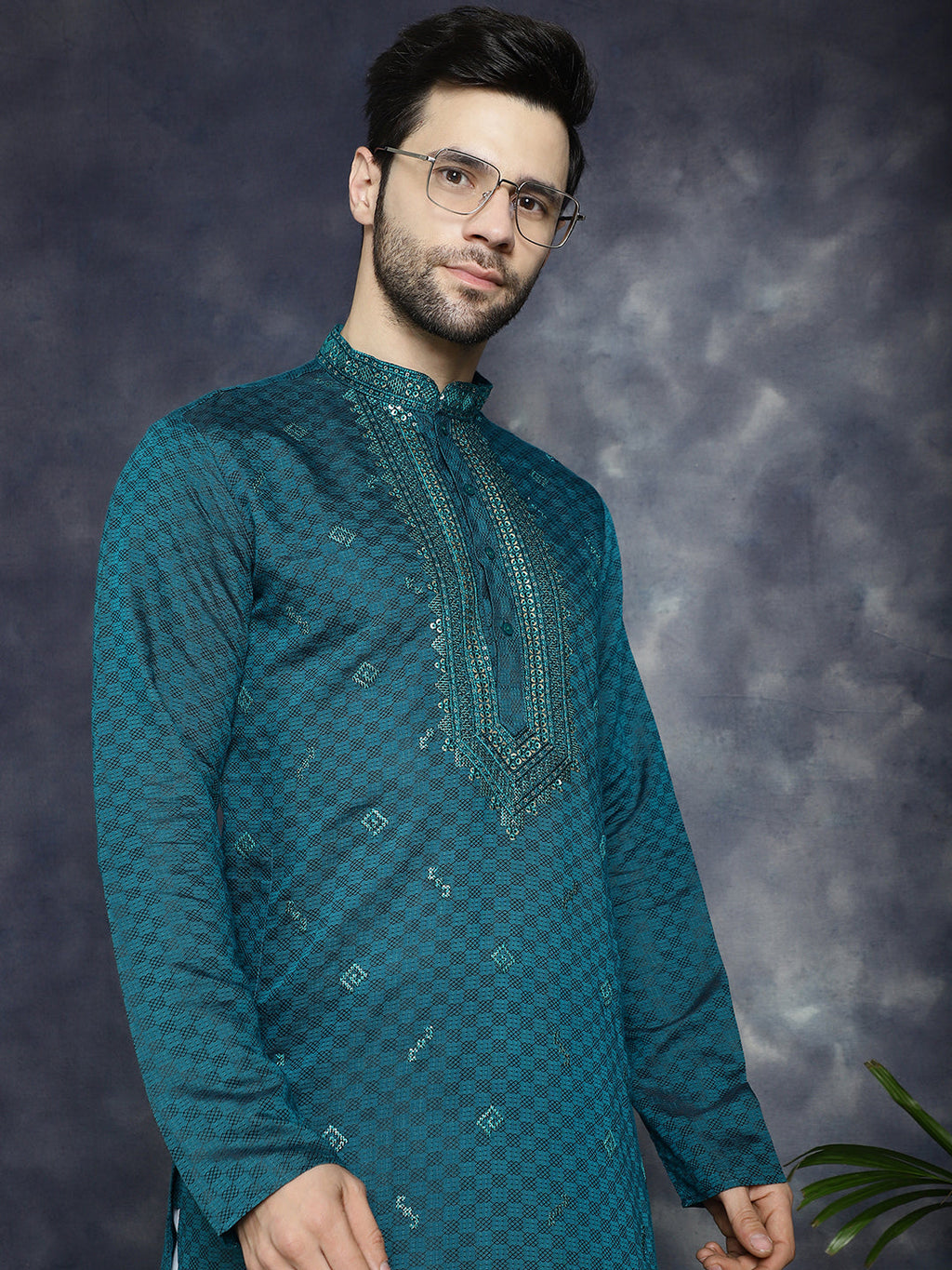 Jompers Men's Sequins Embroidered Kurta - Teal