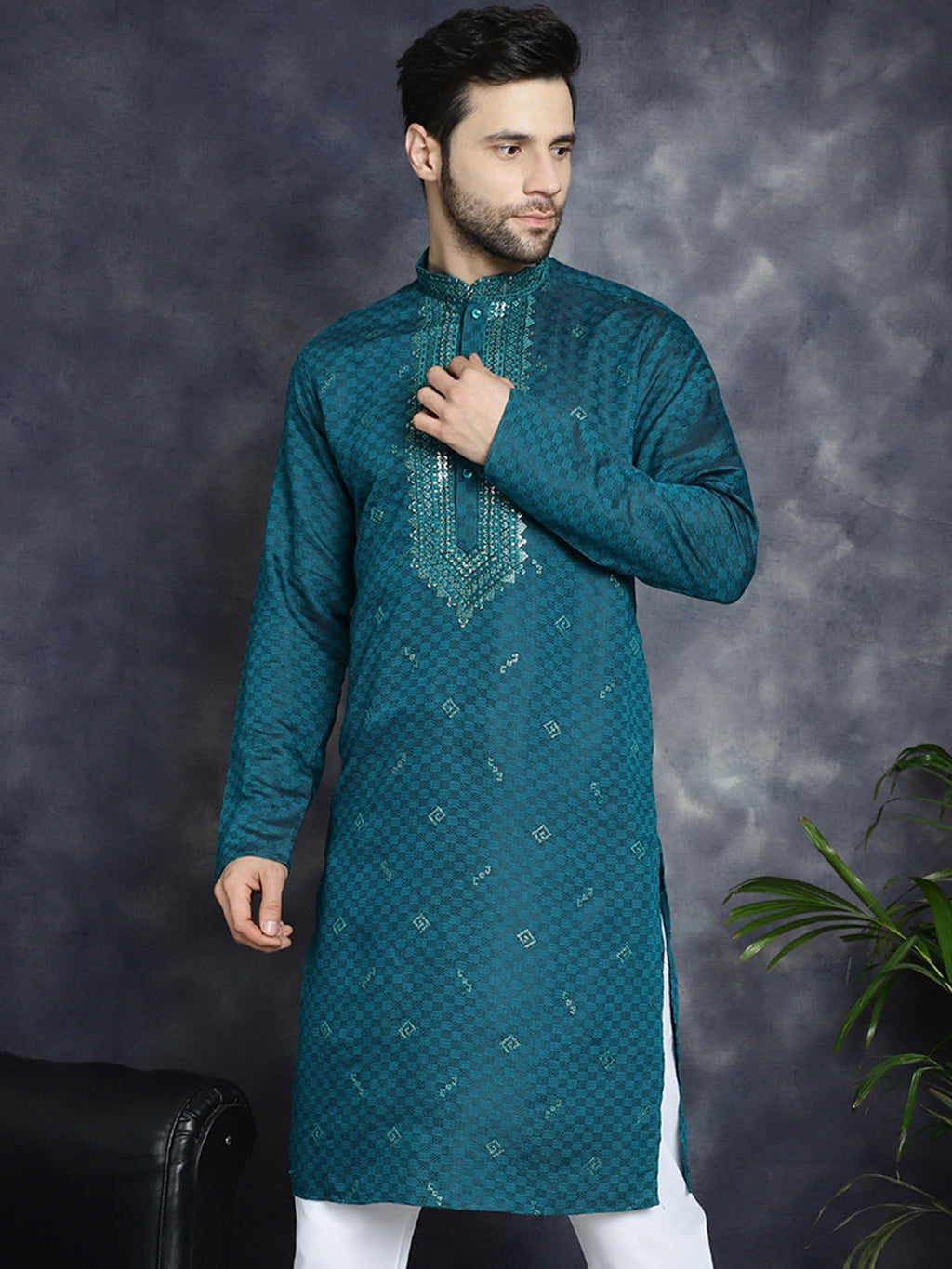 Jompers Men's Sequins Embroidered Kurta - Teal