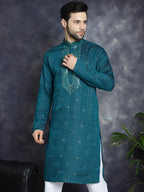 Jompers Men's Sequins Embroidered Kurta - Teal