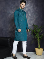 Jompers Men's Sequins Embroidered Kurta - Teal