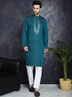 Jompers Men's Sequins Embroidered Kurta - Teal