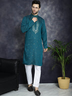 Jompers Men's Sequins Embroidered Kurta - Teal