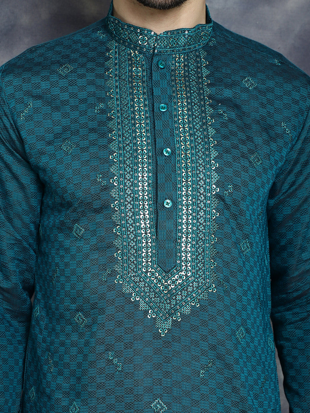 Jompers Men's Sequins Embroidered Kurta - Teal