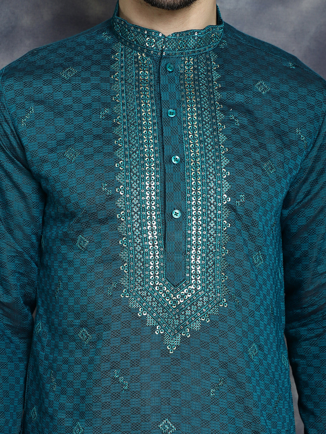 Jompers Men's Sequins Embroidered Kurta - Teal