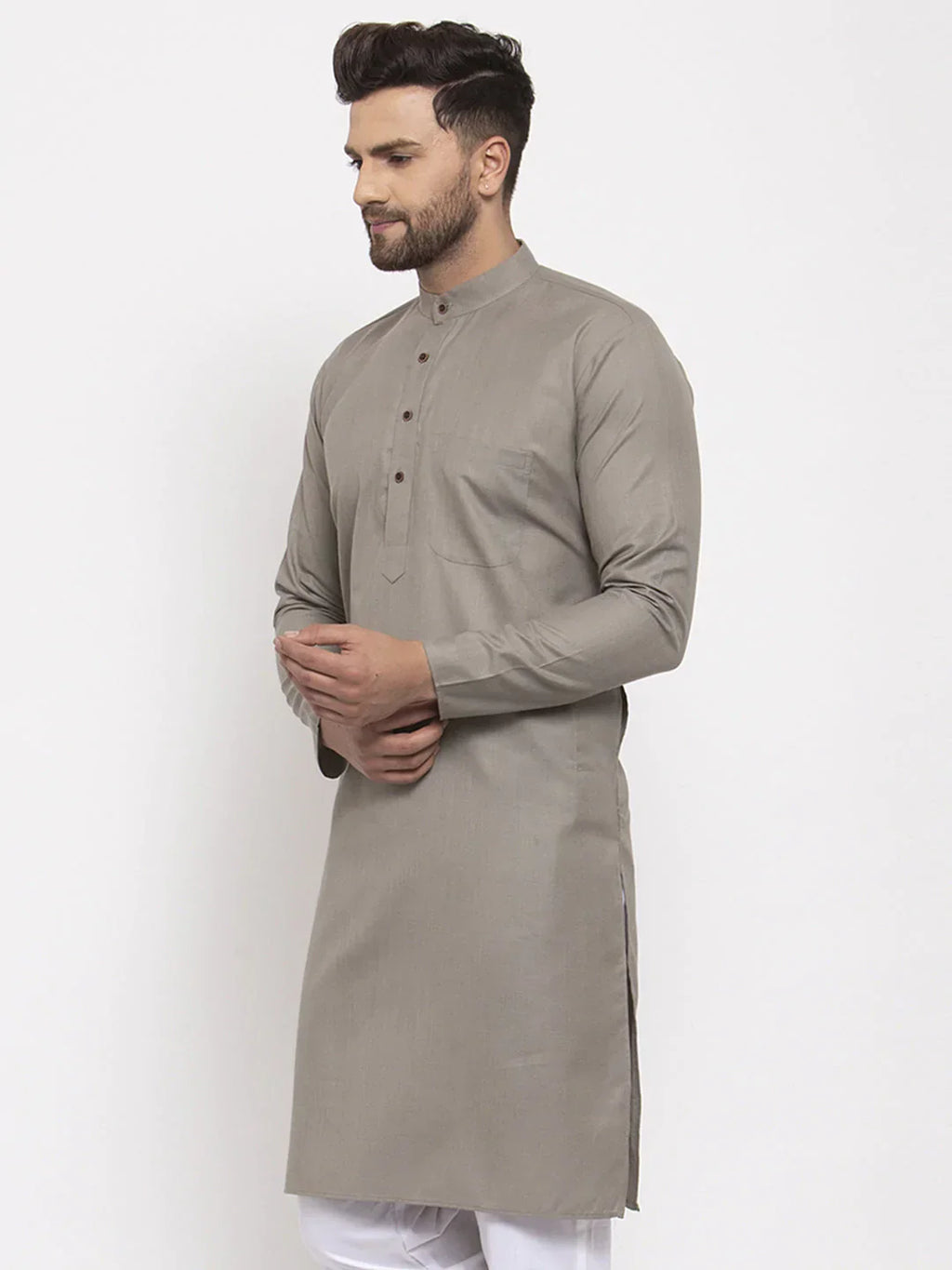 Jompers Men's Grey & White Solid Kurta Only